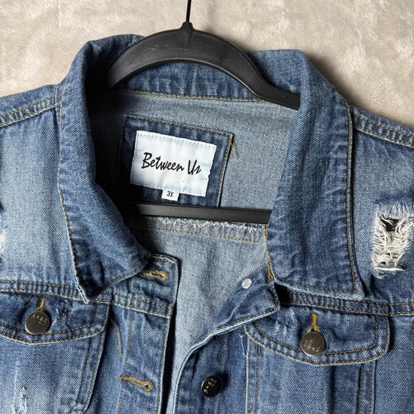 Distressed Artistic Denim Jacket w/ Painted Portrait Back | L - Picture 3 of 10